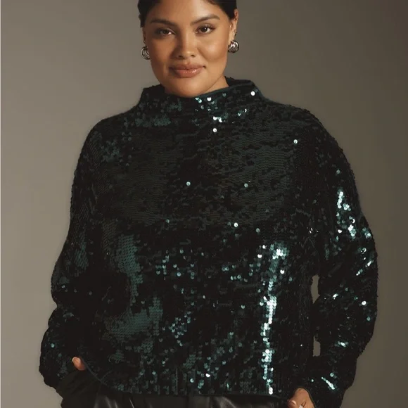Anthropologie Alani Cashmere Mock Neck Sweater Sequin Ed EMERALD GREEN Sz XL NWT - Picture 3 of 14